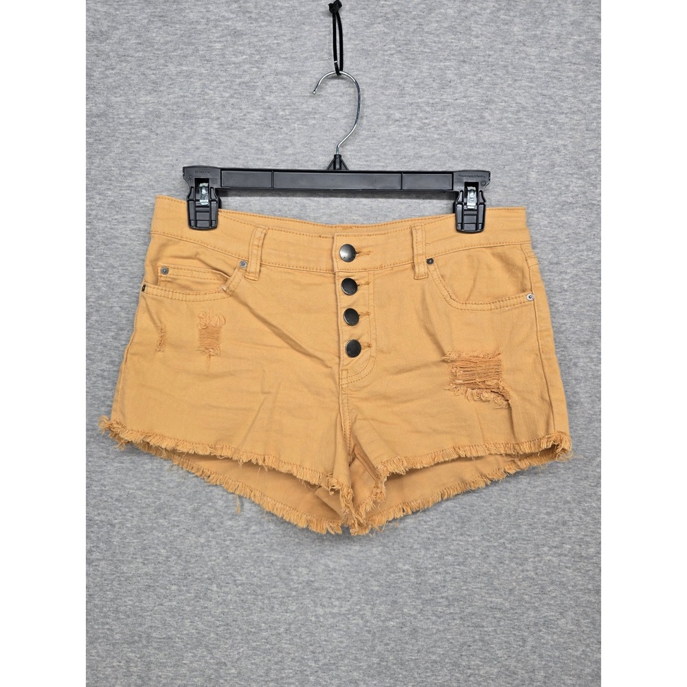Billabong Womens 26 Distressed Denim Shorts Mustard Yellow Button Fly Frayed Hem